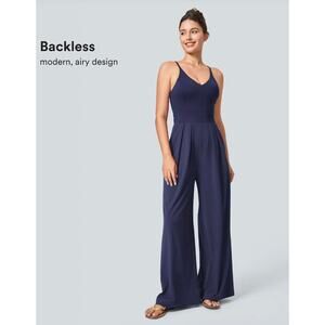 Halara Womens M Navy Breezeful Pocket Wide Leg Quick Dry Resort Jumpsuit NWT